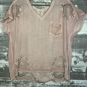 POL Sheer Embroidered V-Neck Tunic in Blush Pink